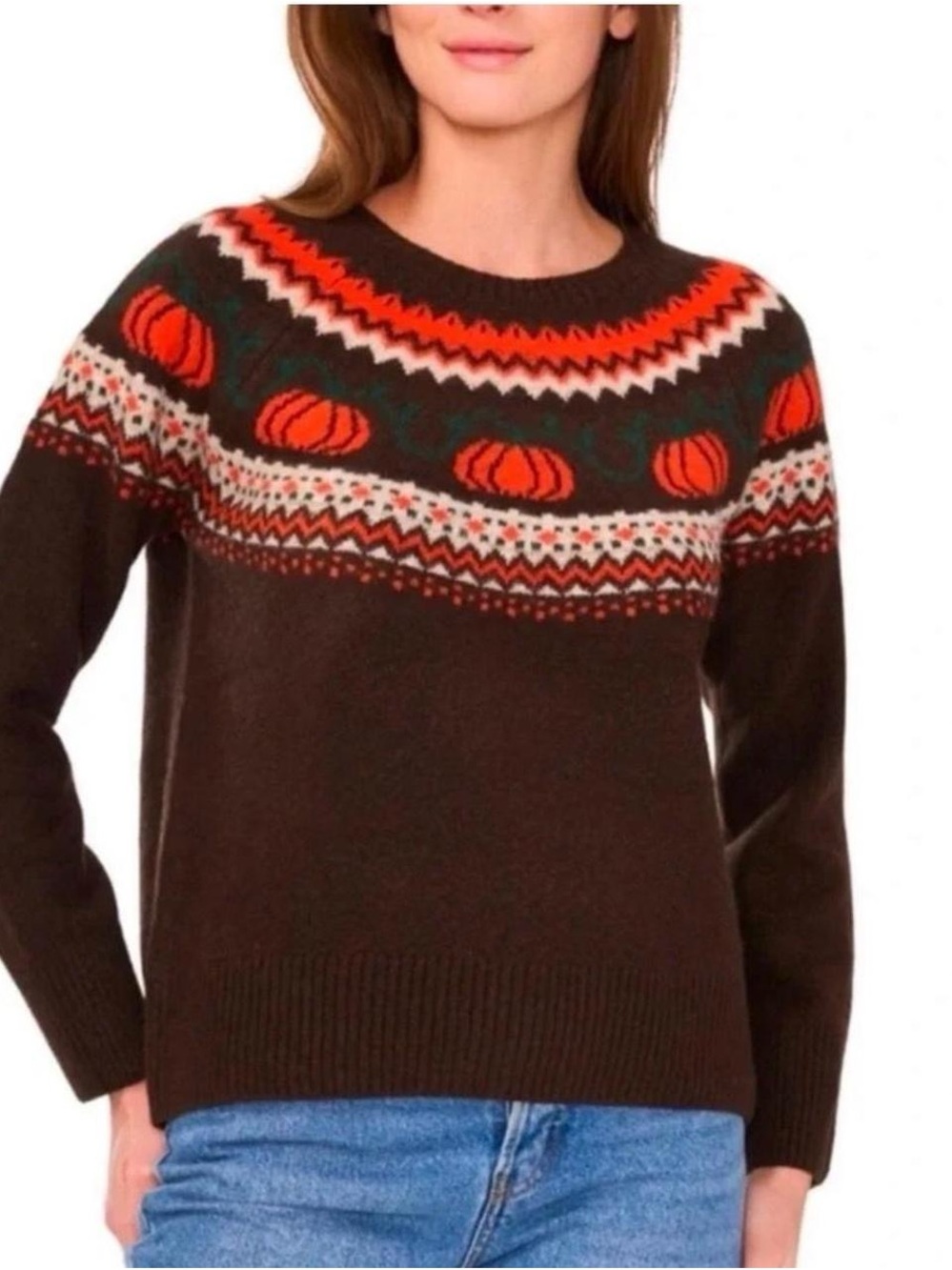Vince Camuto Women's Brown Fair Isle Pumpkin Yoke Sweater M Halloween Fall Y’all